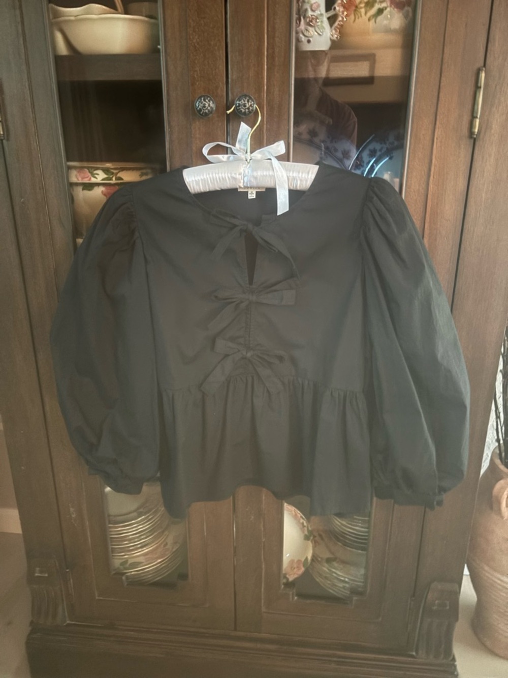 Josef Seibel Black Puff-Sleeve Tie-Front Peplum Top